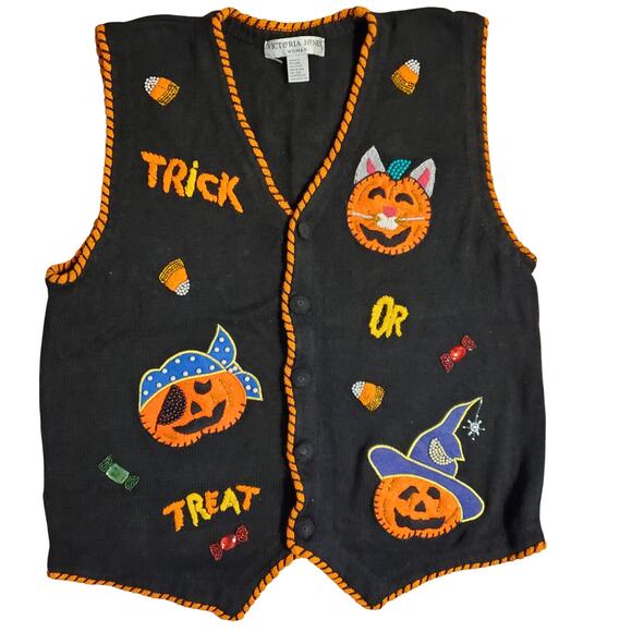 Halloween Jack o Lantern Sweater Vest Vintage 90s Blue Black Pumpkin Cardigan - Picture 1 of 8